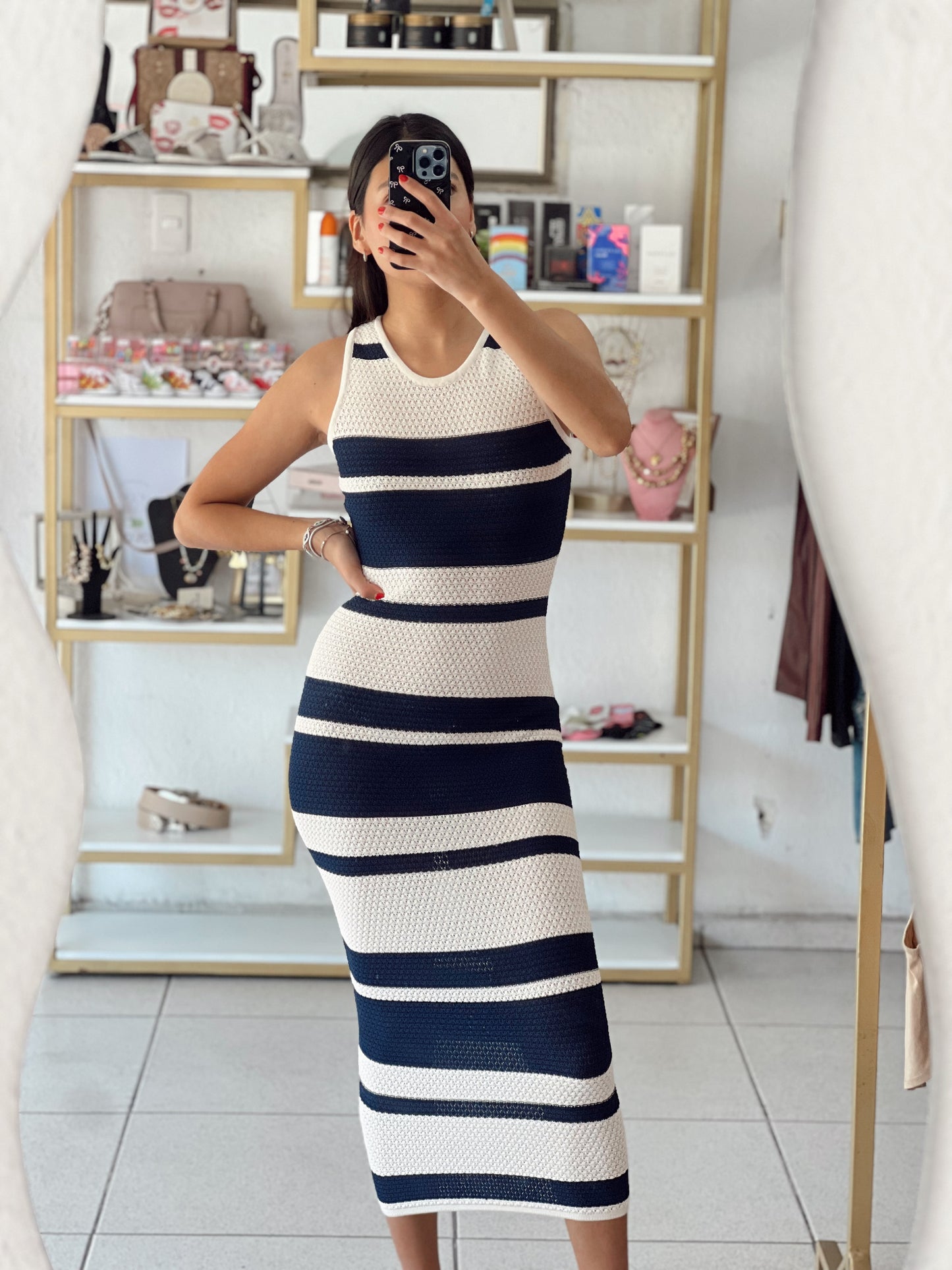 Vestido blue rayado tipo crochet