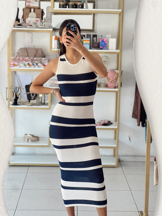 Vestido blue rayado tipo crochet