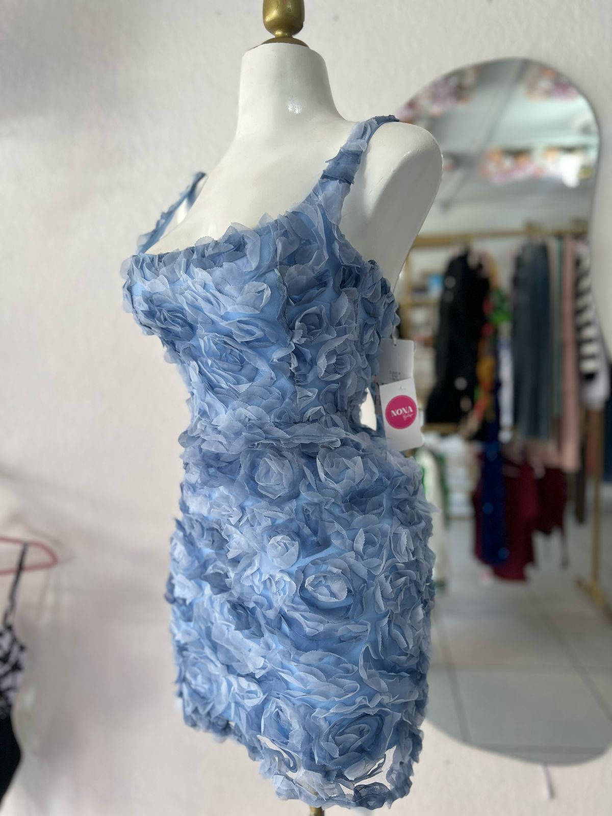 VESTIDO AZUL FLORES 3D