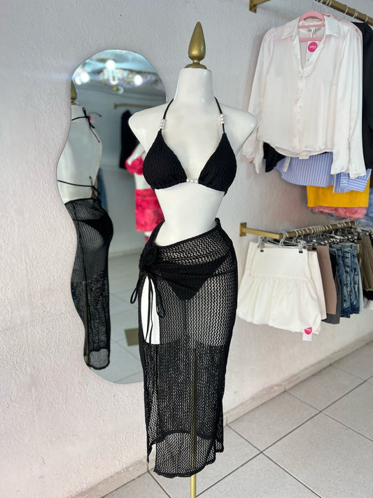 TRAJE DE BAÑO NEGRO 3 PIEZAS PERLITAS Y ROSA