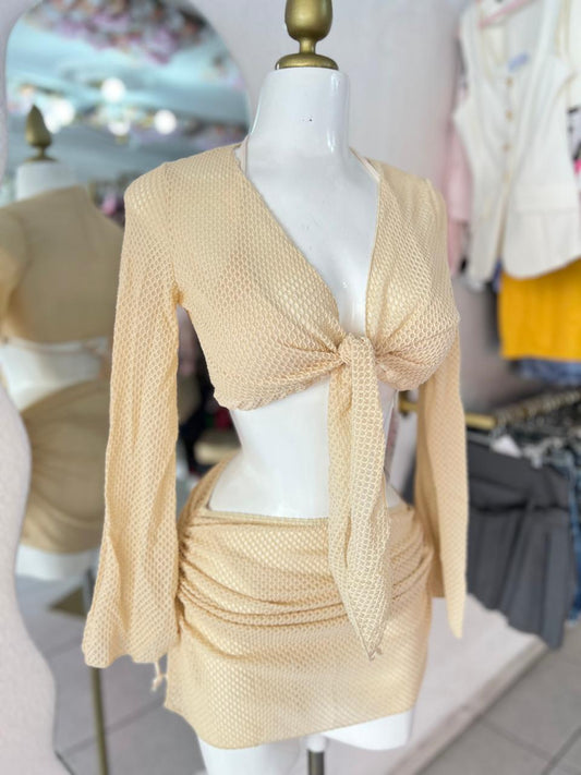 TRAJE DE BAÑO BEIGE 4 PZ MALLA DE RED