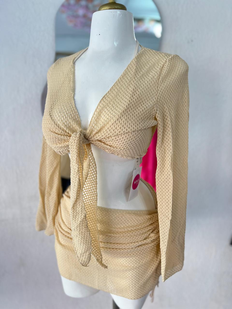 TRAJE DE BAÑO BEIGE 4 PZ MALLA DE RED